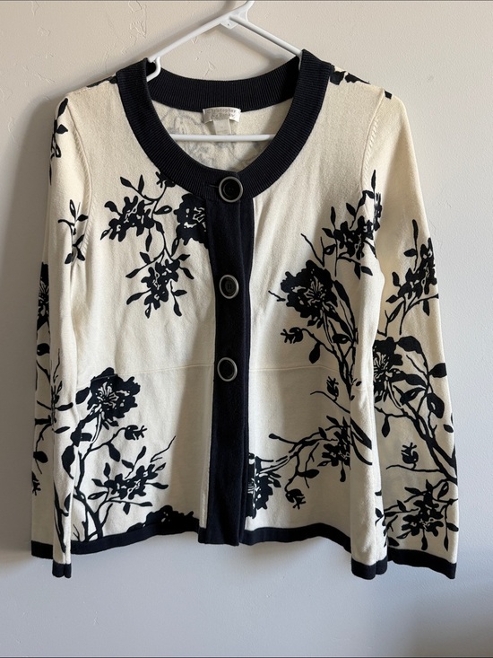 Christopher & Banks Sweaters - Christopher & Banks Navy Blue and Cream Floral Button-Front Cardigan